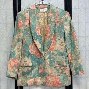 Vintage Casual Corner Large Floral Linen Barkcloth Blazer Jacket 6 Teal Coral